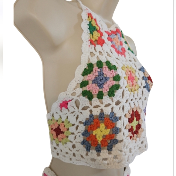 Handmade Crochet Halter Top Granny Square Floral Multicored Boho Bikini Top - Picture 6 of 17